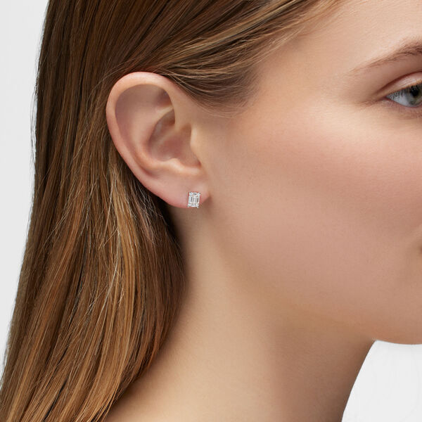 White Gold and Diamond Rectangular Cluster Earrings, Small